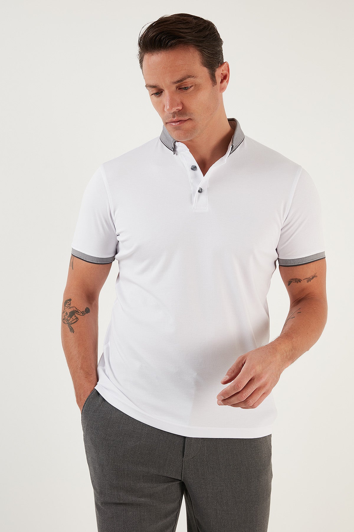 Buratti Pamuklu Slim Fit Erkek Polo T Shirt 646R4560 BEYAZ-ANTRASİT