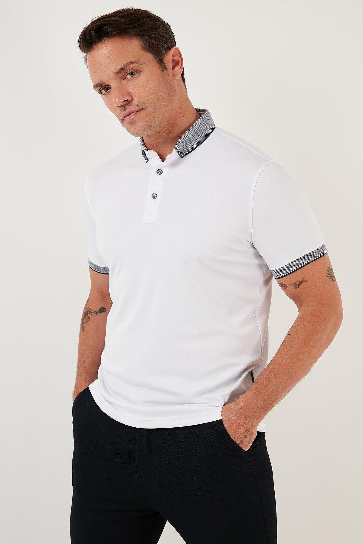 Buratti Pamuklu Slim Fit Erkek Polo T Shirt 646R4560 BEYAZ-LACİVERT