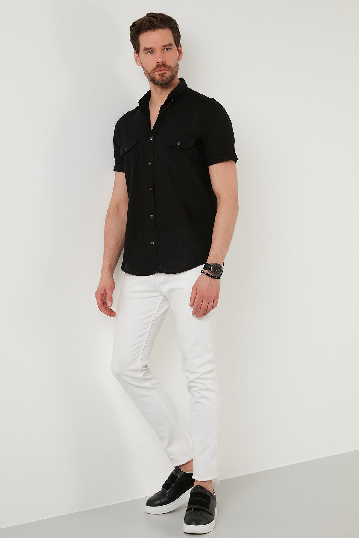 Buratti Düğmeli Yaka % 100 Pamuk Slim Fit Cepli Erkek Gömlek CF21S111153 SİYAH