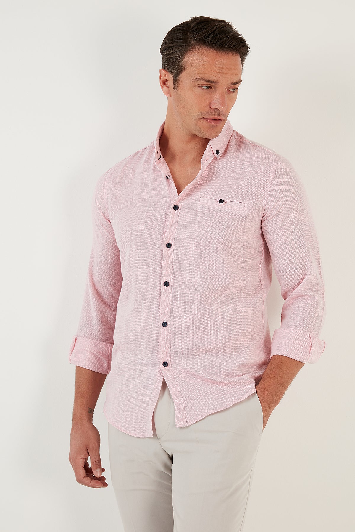 Buratti % 100 Pamuklu Slim Fit Uzun Kollu Erkek Gömlek CF21S111498 ROSE