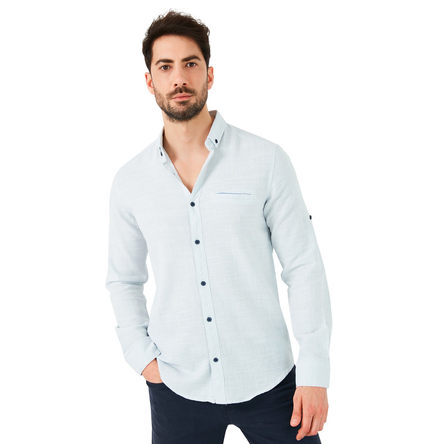 Buratti % 100 Pamuklu Slim Fit Uzun Kollu Erkek Gömlek CF21S111498 MAVİ