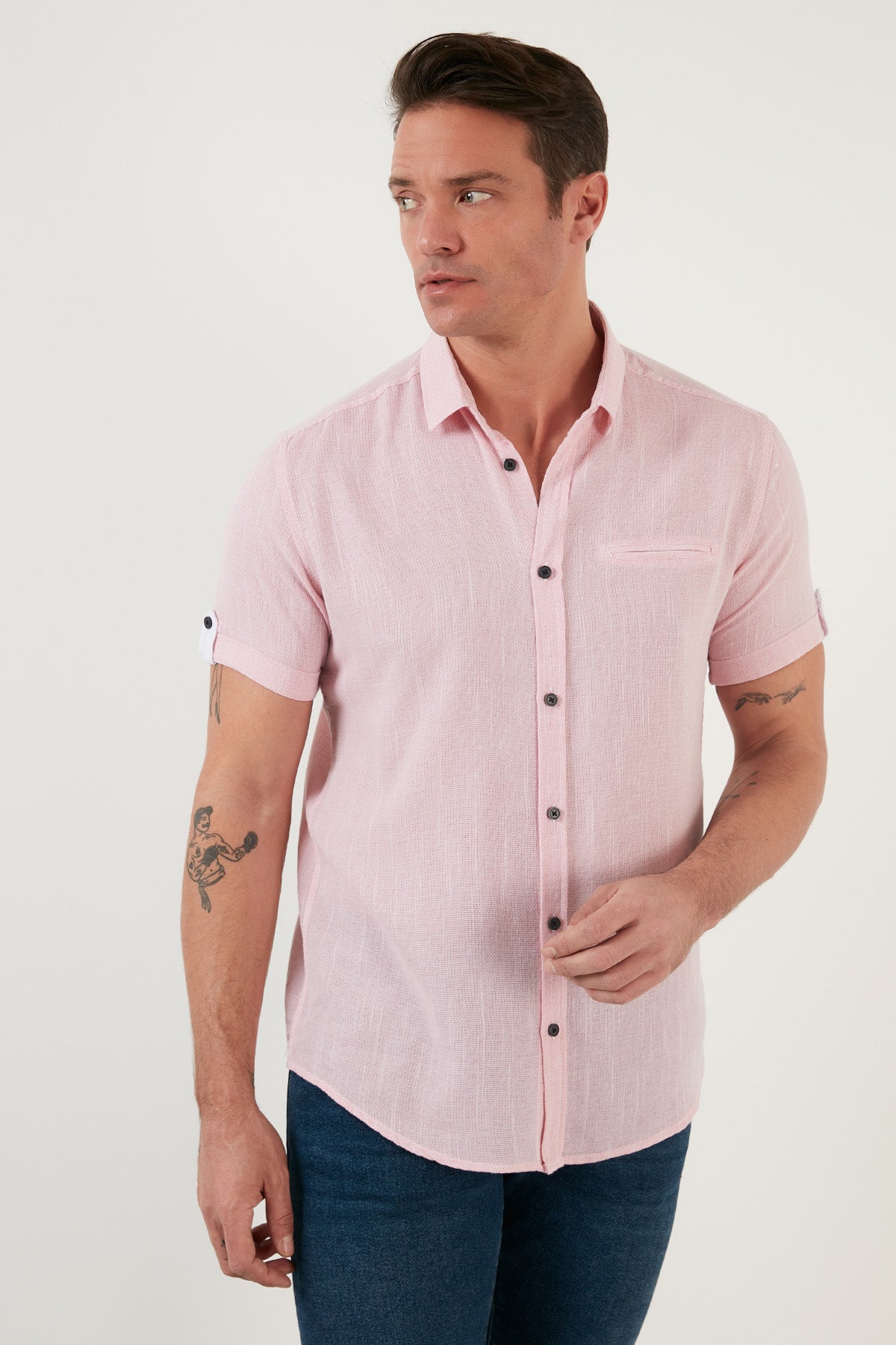 Buratti % 100 Pamuk Keten Görünümlü Slim Fit Kısa Kollu Erkek Gömlek CF21S111766 ROSE