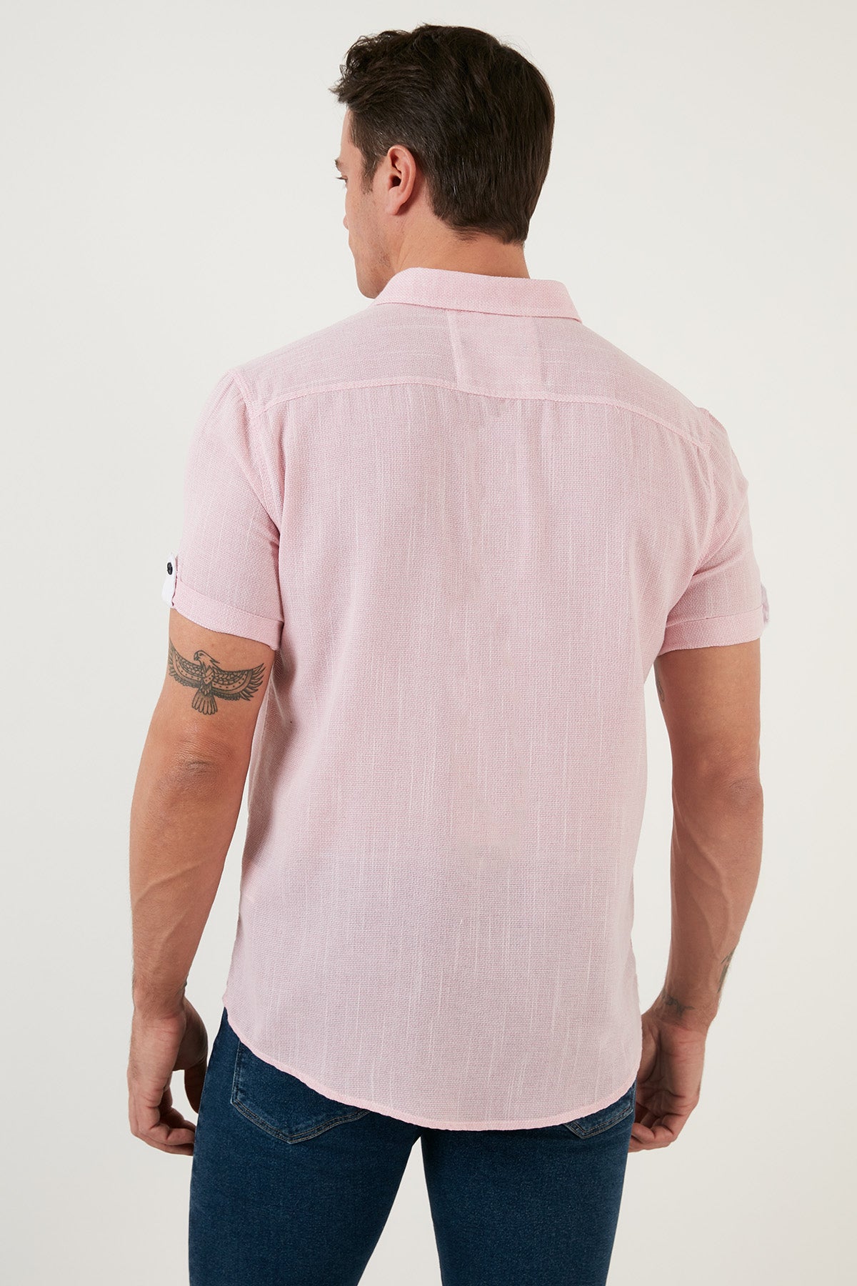 Buratti % 100 Pamuk Keten Görünümlü Slim Fit Kısa Kollu Erkek Gömlek CF21S111766 ROSE