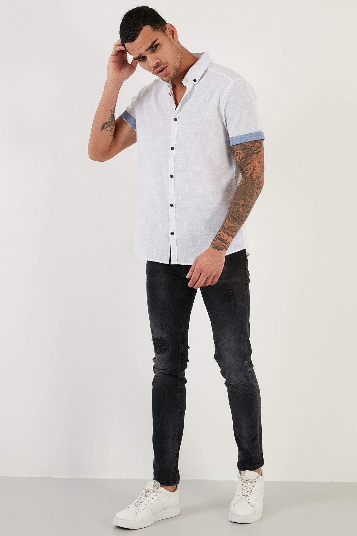 Buratti Pamuklu Slim Fit Düğmeli Yaka Kısa Kollu Erkek Gömlek CF21S112546 BEYAZ