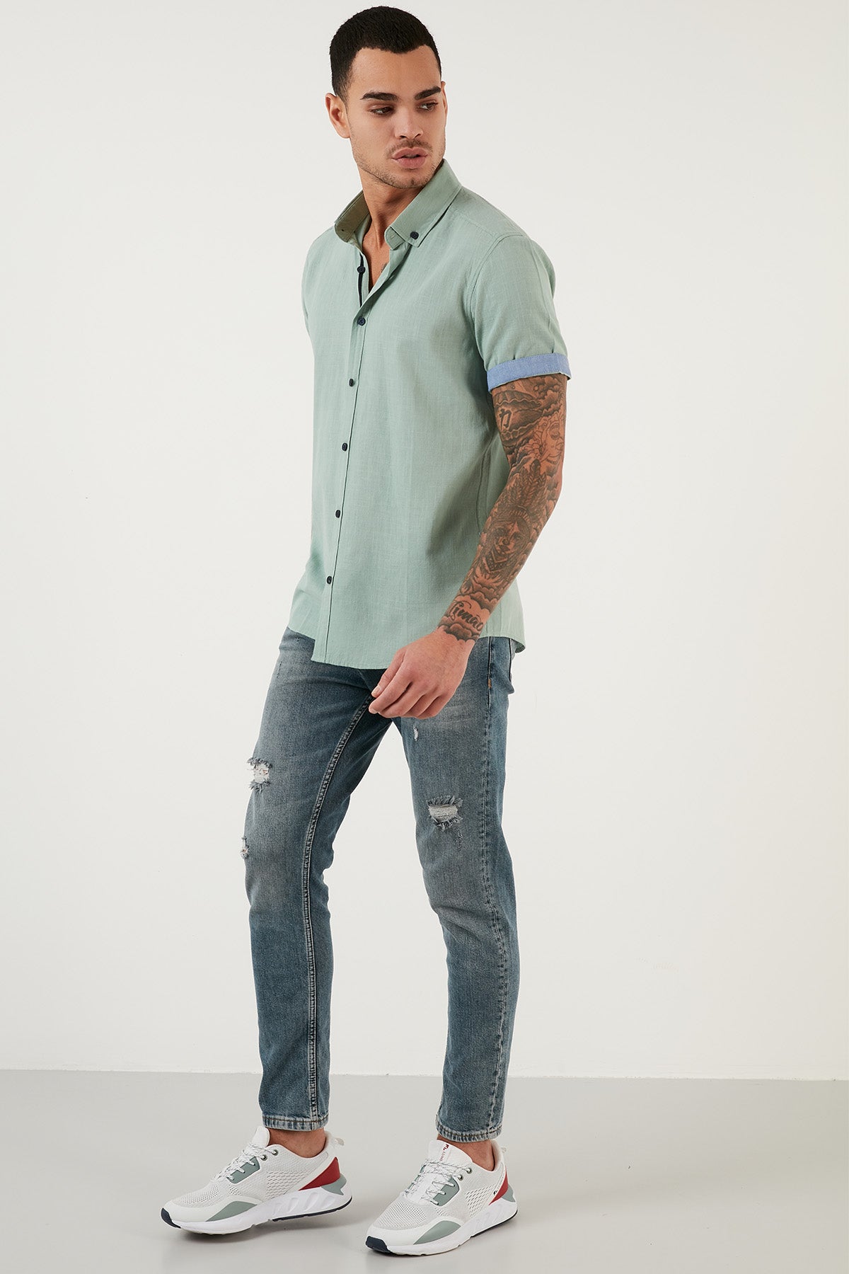 Buratti Pamuklu Slim Fit Düğmeli Yaka Kısa Kollu Erkek Gömlek CF21S112546 ELMA YEŞİLİ